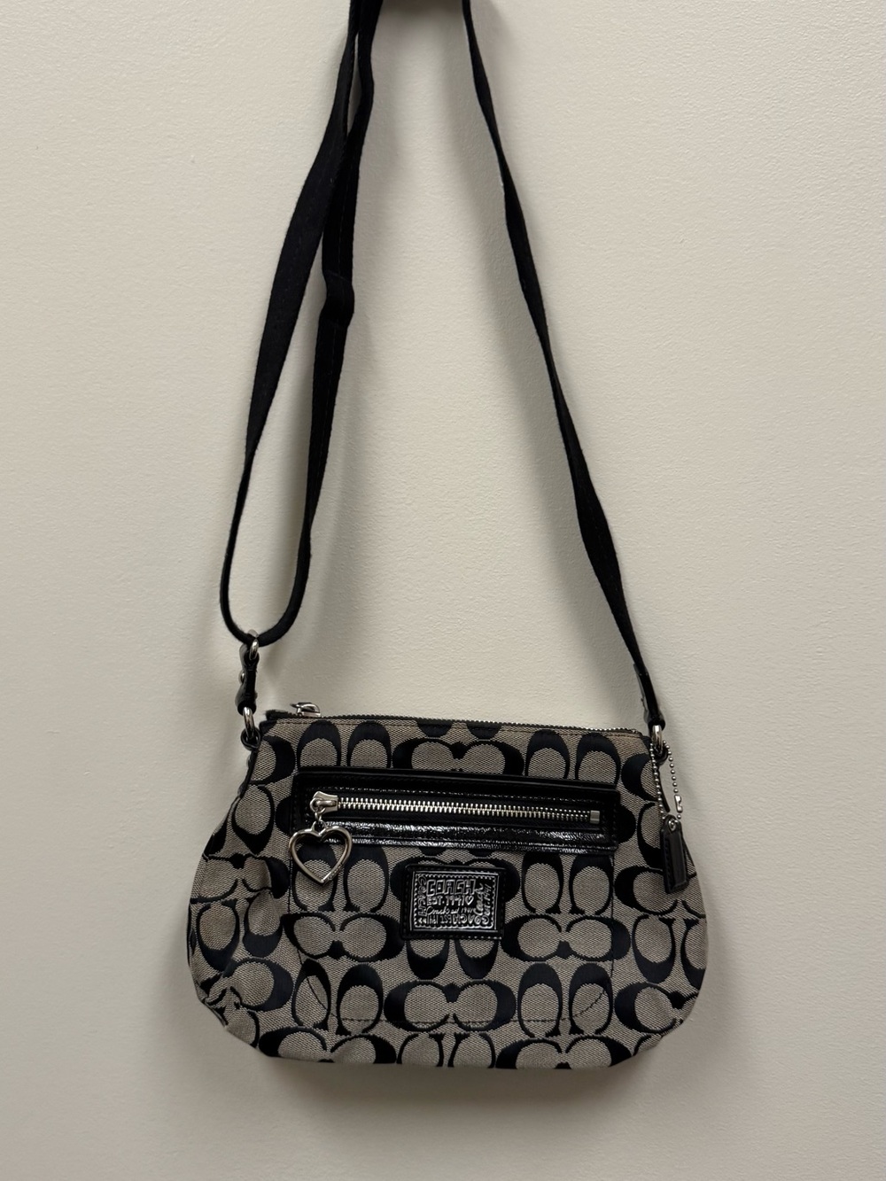 Coach Black and Tan Signature Canvas Crossbody with Heart Charm